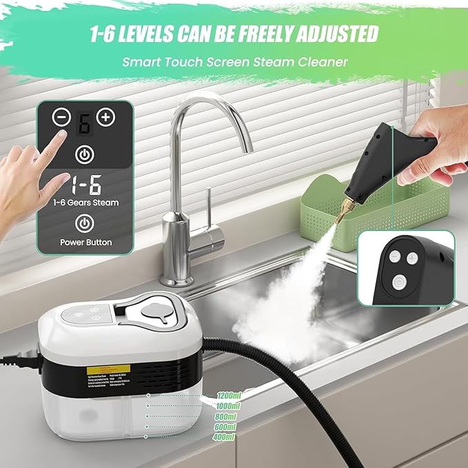 Handheld Steam Cleaner Auto Multi-Purpose Steam Cleaner 1200ML Water Tank 6 Speed Steam Output Adjustment Smart Hand Switch For Kitchen Bathroom Windows Car Interior (Black)