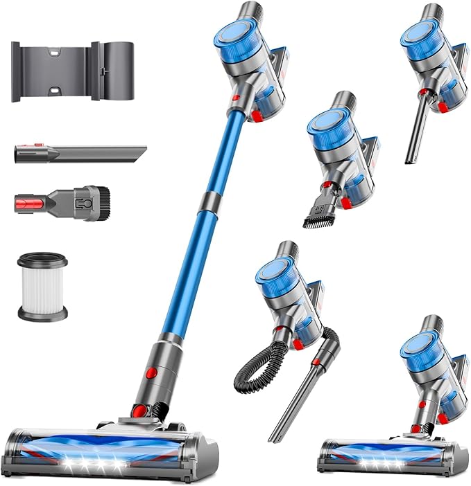 Cordless Vacuum Cleaner Powerful Stick Vacuum Cleaner for Home with Rechargeable Battery 6-in-1 Lightweight Handheld Vacuum 45 Mins Runtime for Hardfloor &amp Carpets Pet Hair (Blue)