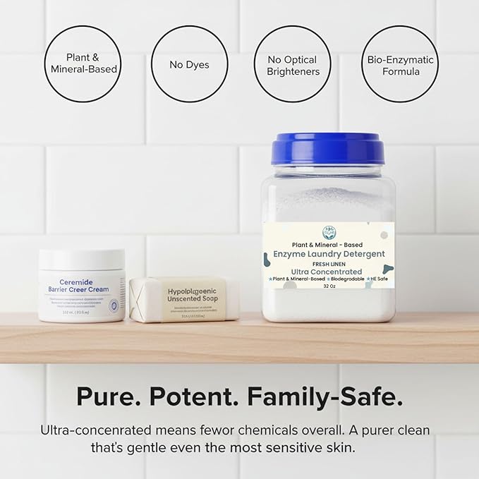 Ultra-Concentrated Enzyme Laundry Detergent - Fresh Linen | Plant &amp Mineral-Based Stain Remover Odor Eliminator | Safe for Sensitive Skin Biodegradable HE Compatible | 32 oz