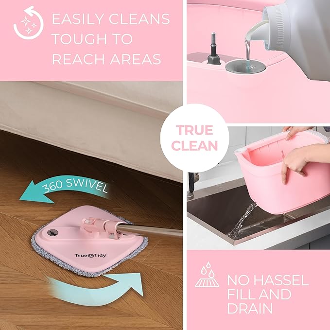 True &amp Tidy® True Clean Mop and Bucket System Includes Square Spin Dual Compartment Mop Bucket and 2 Thick Machine Washable Pads New Upgraded with Side Brush &amp Self Standing Handle Rose