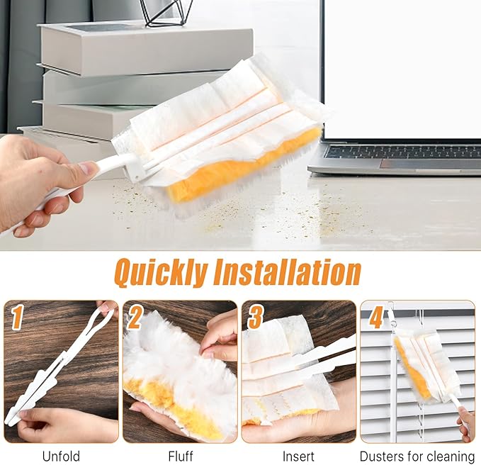100 Pcs Duster Refills Bulk Thickened Duster Refill Electrostatic Duster Head Duster Refills for Cleaning with 2 Long Handles 2 Short Handles Disposable Duster Refills for Blinds(Yellow)