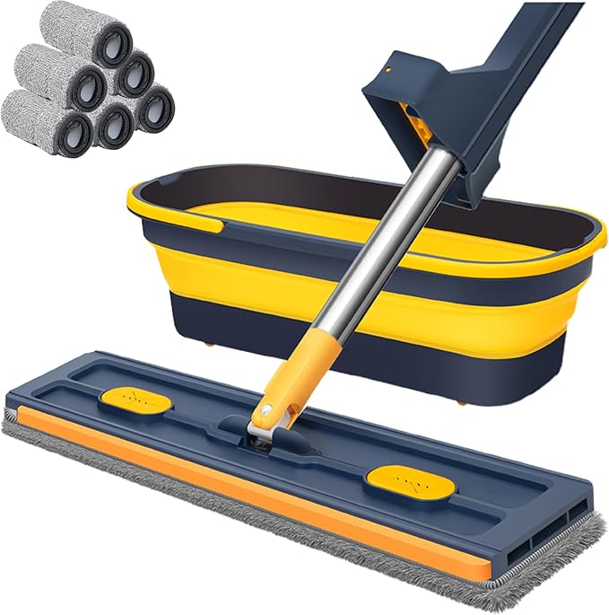 2025 New Large Flat Mop with 6 Reusable Mop Head Dry and Wet Flat Mop and Bucket Set Adjustable Handle Self Wringing Flat Mops 360 Rotation Flat Mop (Blue with 6pcs Mop Head)