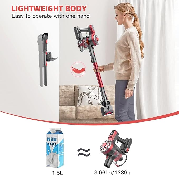Cordless Vacuum CleanerVacuum Cleaners for Home with Super SuctionLightweight Stick Vacuum with 35 Mins RuntimeRechargeable Cordless Vacuum for Carpet Tile Pet Hair Hardwood Floors(Red Grey)