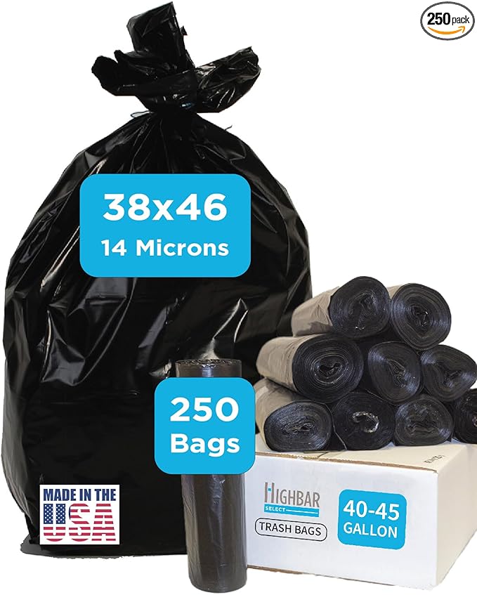 Black Garbage Bags Made in USA 40-45 Gallon Light Duty Durable Unscented High Density Industrial and Commercial Use for Lawn Leaf No Ears No Ties Bulk 250 Count