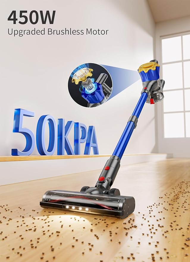 Cordless Vacuum Cleaner 580W 50Kpa Powerful Stick Vacuum Up to 70Mins Rechargeable Battery Vacuum Cleaners for Home Anti-Tangled Lightweight Handheld for Hardwood Floor Carpets Pet Hair