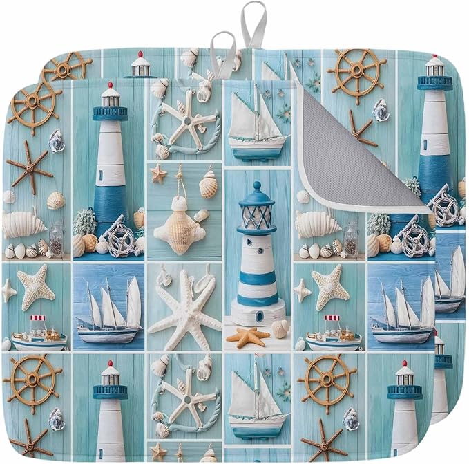 Blue Check Nautical Dish Drying Mat 16 x 18 Inch Lighthouse Coastal Absorbent Microfiber Coffee Mats for Kitchen Starfish Anchor Wooden Quick Drying Dish Drainer Pad 2 Pack