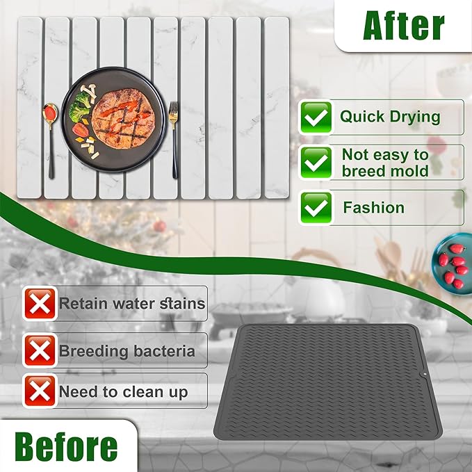 Large Stone Dish Drying Mat for Kitchen Counter 24×16 Quick Dry Collapsible Diatomaceous Earth Mat – Super Absorbent Foldable Drying Pad for Dishes (Marble White 23.2 x 15.4)