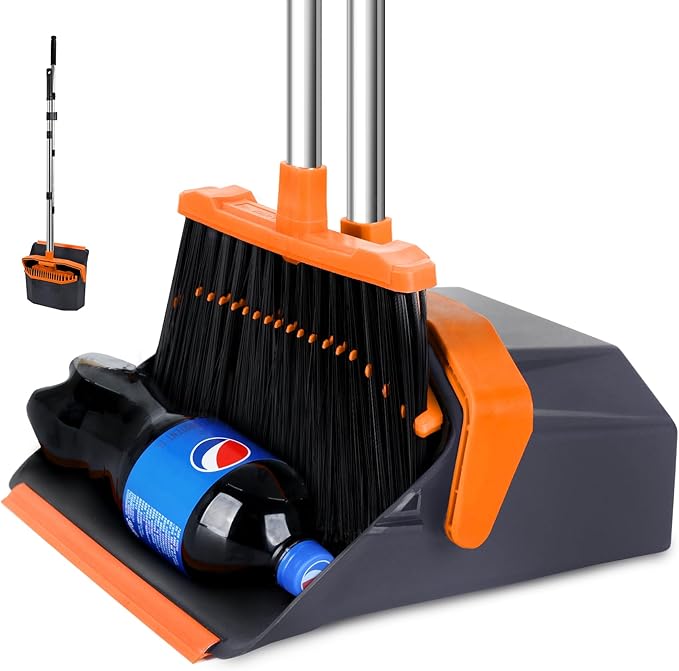 Broom and Dustpan Set with 51'' Long Handle Upright Broom and Dustpan Combo for Home Kitchen Office Restaurant Garage Lobby Dog Cat Pets Hair - Grey and Orange