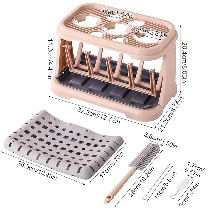Baby Bottle Drying Rack with Brush &amp Dishwasher Basket - Space Saving Standing Drying Rack for Baby Bottles Pump Parts &amp Accessories Compact Organizer Holds Up to 8 Bottles (Pink Lotus Root)