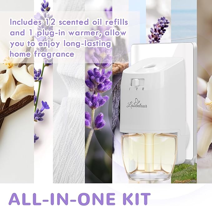 Plug In Air Fresheners for Home – 12 Pack Scented Refills with 1 Plug In Warmer – Linen Lavender Vanilla Long Lasting Fresh Air Freshener Odor Eliminator for Bathroom Room House