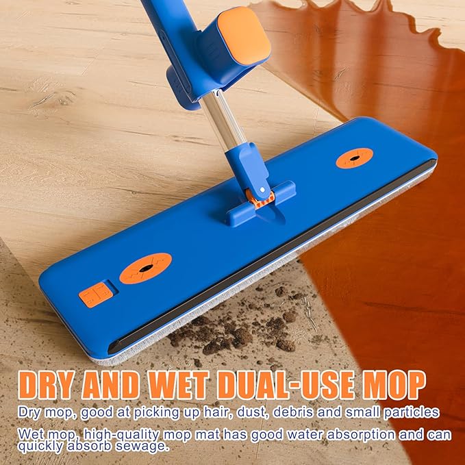 16.5 Self Wringing Flat Mop and Bucket Set 55 Long Handle Microfiber Mop for Floor and Wall Cleaning Hands-Free Wet &amp Dry Mop with Squeegee 5 Replacement Pads &amp Collapsible Bucket
