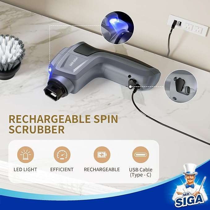 MR.SIGA Electric Spin Scrubber for Kitchen and Bathroom Cleaning Waterproof Rechargeable Cordless Spin Scrubber with 5 Replaceable Cleaning Brushes and Pads