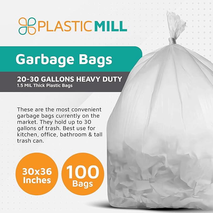 PlasticMill Heavy Duty Trash Bags - Clear Garbage Bags - Plastic Trash Bags - Tall Trash Bags Trash Can Liners - 20-30 Gallon Large Kitchen Trash Bags 1.5 Mil 30x36 (100-Count)