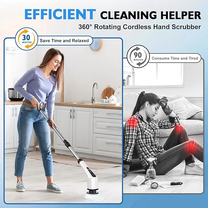 Electric Spin Scrubber Cordless Bath Tub Power Scrubber with Long Handle &amp 7 Replaceable Heads Detachable as Short Handle Shower Cleaning Brush Household Tools for Bathroom &amp Tile Floor
