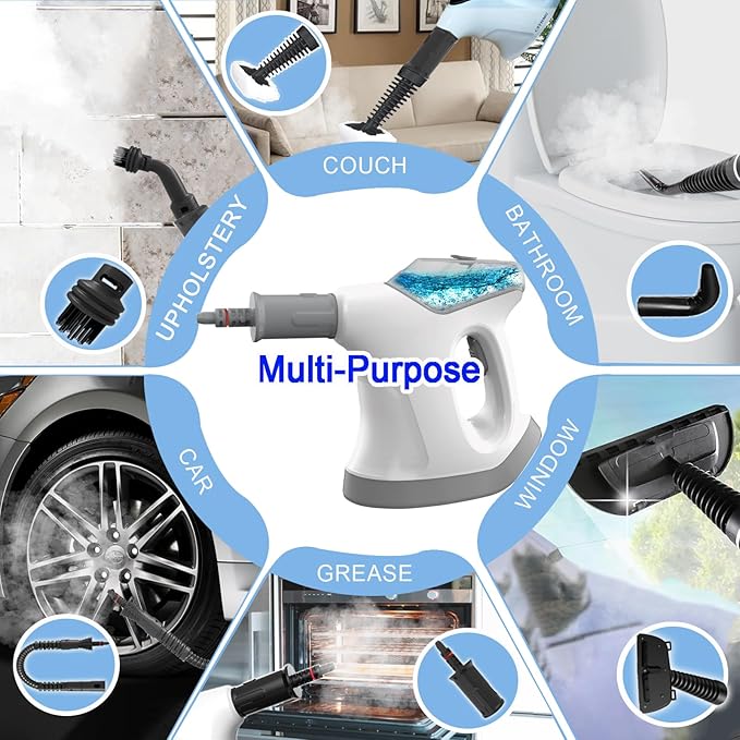 Handheld Steam Cleaner for Home 10S Immediate Heat Hand Held Steam Cleaner with Visualized Large Water Tank &amp 9 PCS Accessories &amp Safety Lock for KitchenCouchFloorWindowCar (WHITE+GREY)