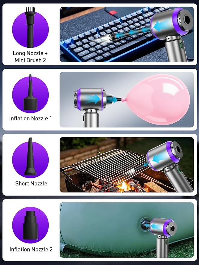 Vacuum/Air Duster 80000RPM Super Power Mini Car Vacuum Cleaner 4-in-1 air Blower Gun Air Duster &amp Air Blower &amp Pump Hand Electric air Duster Handheld dust Blower Blower Cordless (Purple)