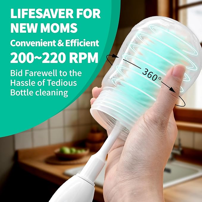 Electric Bottle Brush Cleaner Portable Electric Baby Bottle Brush Cleaner for Travel Rechargable Travel Bottle Cleaner Kit with Nipple &amp Straw Brush Perfect Mom Essentials After Birth Gift Gre