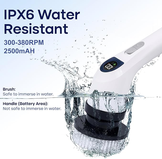 Electric Spin Scrubber for Cleaning Adjustable Shower Brush with 7 Replaceable Heads &amp Power LED Display 2 Speed Waterproof Cordless Shower Scrubber for Bathtub Kitchen Car White