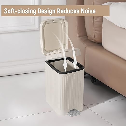 rejomiik Small Bathroom Trash Can with Lid Slim Soft Close Garbage Can Step Wastebasket Container Trash Bin for Office Bedroom Kitchen Living Room (2.6 Gallon Cream)