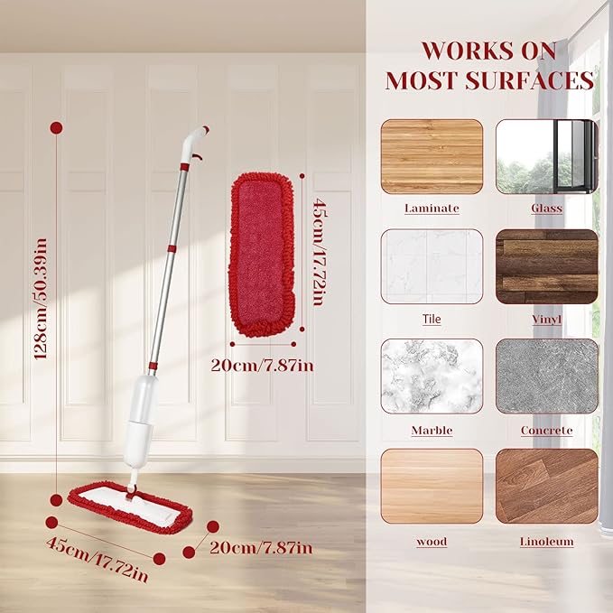 Spray Mop for Floor Cleaning Wet Dry Microfiber Mop with 4 Washable Pads 650 ml Refillable Bottle and 1 Scraper for Home Kitchen Hardwood Laminate Wood Vinyl Ceramic Tiles Wooden Floor