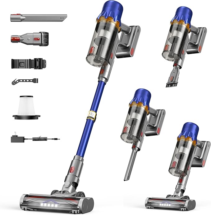 Cordless Vacuum Cleaner - Powerful Stick Vacuum with HEPA Filter 55-Min Runtime LED Light Anti-Tangle Brush Detachable Battery Lightweight for Home Pet Hair Carpets &amp Hard Floors