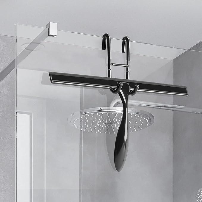 Simtive 12-Inch Shower Squeegee Set Includes Shower Door Hook and Adhesive Hook Squeegee for Shower Doors Mirror and Window Black