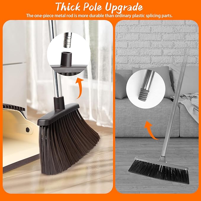 Broom and Dustpan Set Dustpan Combo with 51 Stainless Steel Long Handle Brooms with 5-Layer Soft Bristles for Home Office Kitchen Bathroom(Beige)