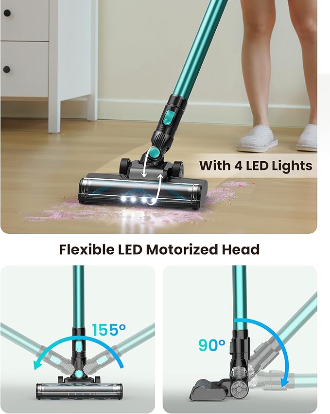 N3T Cordless Vacuum CleanerWireless Stick Vacuum with 40mins RuntimeSelf-StandingAnti-Tangle BrushRechargeable Lightweight Vacuum Cleaner for HomeHardwood FloorPet Hair Carpet-Cyan Green