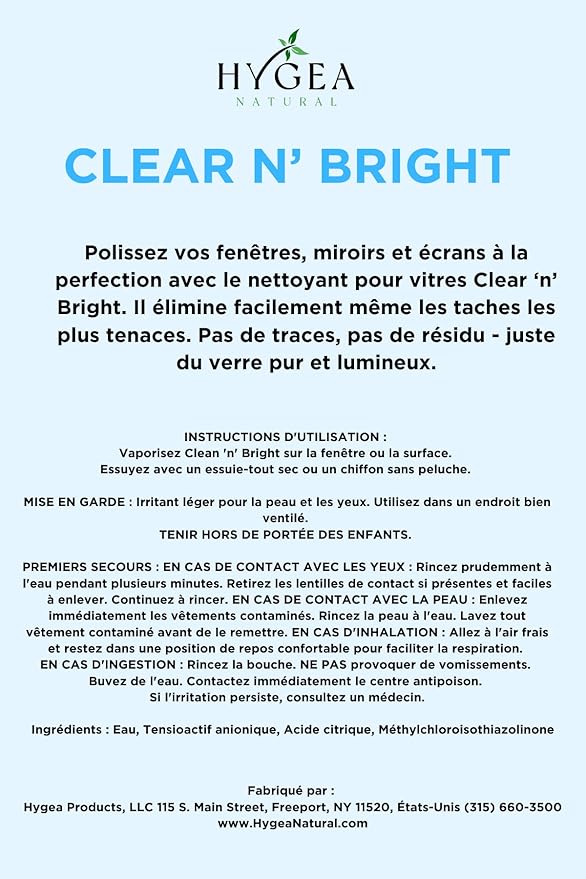 Hygea Natural Clear 'n' Bright - Non-Toxic Glass Cleaner Spray - Streak-Free &amp Ammonia-Free Window Cleaning - Window &amp Mirror Cleaning Supplies - Safe &amp Fast (3 Pack 24oz Spray)