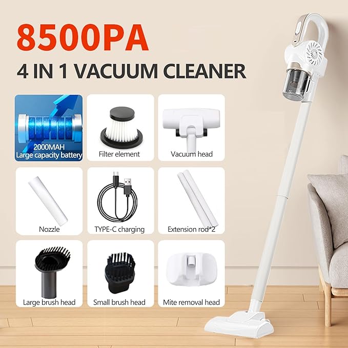 Home Cordless Vacuum Cleaner 8500Pa Vacuum Cleaners for Home 260ml Dust Cup Anti-Tangle Stick Vacuum Self-Standing 3 Modes Vacuum Cordless Rechargeable for Pet Hair/Carpet (White)