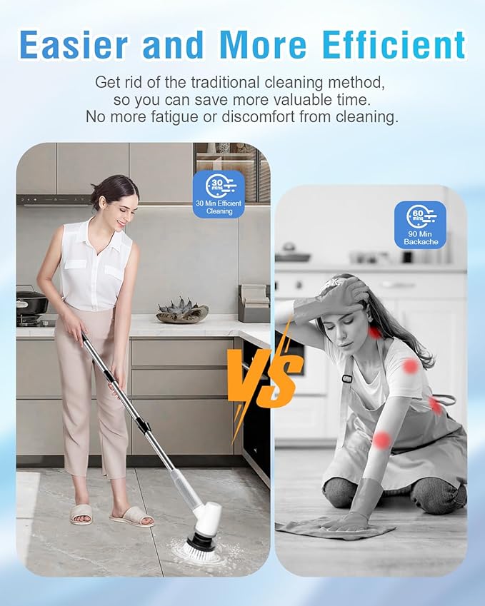 Electric Spin Scrubber Bathroom Scrubber - Cordless Shower Scrubber with Adjustable Handle 2 Speeds Bathroom Scrubber with 8 Replaceable Brush Heads Power Scrubber for Bathroom Bathtub Cleaning