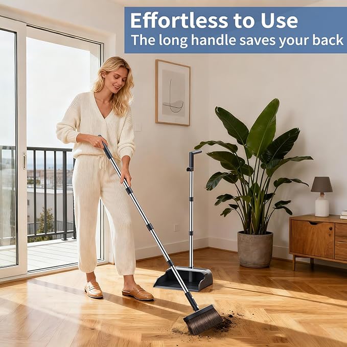 Broom with Dustpan Combo Set Broom and Dustpan Set with 51.6 Long Handle &amp Two Broom Heads Brooms with Dust Pan Teeth for Pet Hair Indoor&ampOutdoor Sweeping Home Kitchen Office