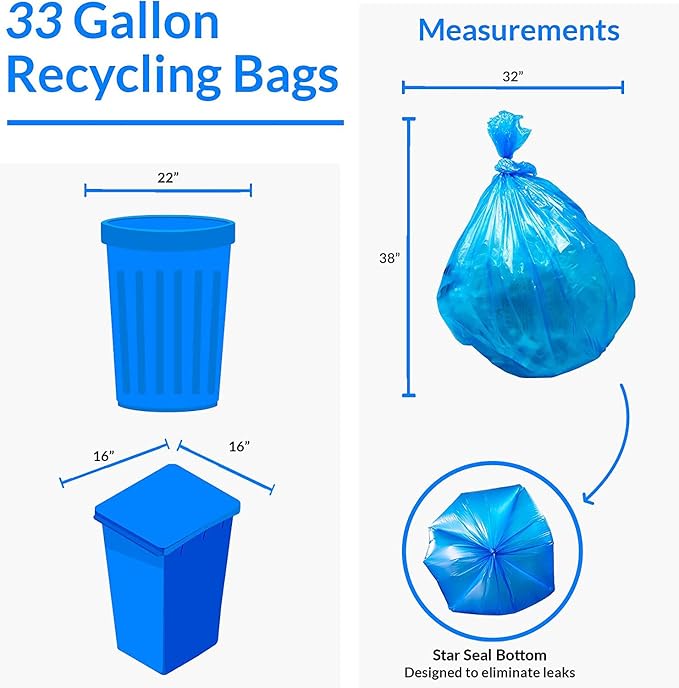 Reli. SuperValue 33 Gallon Recycling Bags (240 Count Bulk) Made in the USA - Blue Trash Bags 30-33 Gallon | Blue Recycling Garbage | 33Gal with 30Gal 33Gal 35Gal Capacity