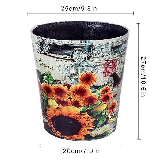 Leather Trash Can Retro Decorative Waste Basket 10L Capacity Small Waste Paper Basket Waterproof Garbage Can for Bathroom Bedroom Office Kitchen and Living Room - Sunflower