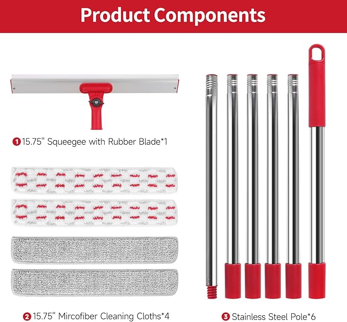 2-in-1 Professional Window Squeegee 86.6'' Window Cleaner Tool with 6-Section Extension Pole Window Cleaning Kit with 4 Microfiber Cloth Window Washing Equipment for in/Outdoor Windows