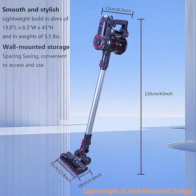 Novaspark Pink Cordless Stick Vacuum Cleaner - 18.5kPa Powerful Suction 50-Min Battery Pet Hair Removal Lightweight 5.5lbs LED Lights HEPA Filter 4-in-1 Brush Set for Carpet &amp Hard Floors
