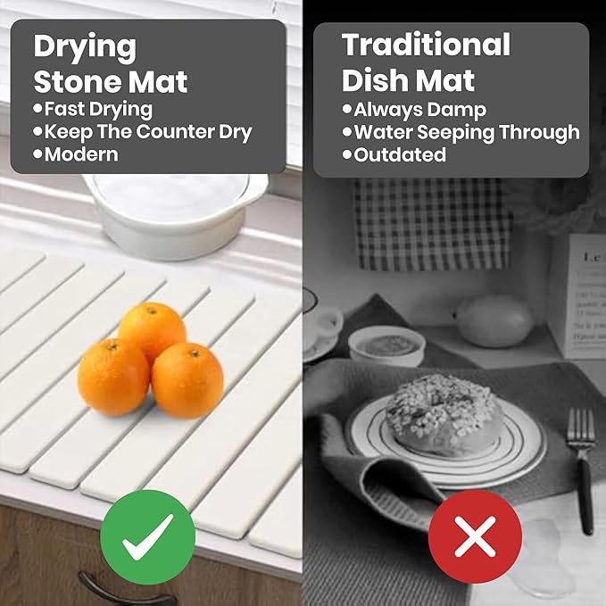 Large Stone Dish Drying Mat for Kitchen Counterdrying mat 24(L)×16(W)diatomaceous earth dish drying matquick drying stone mat for kitchen sinkdrying dish mat white