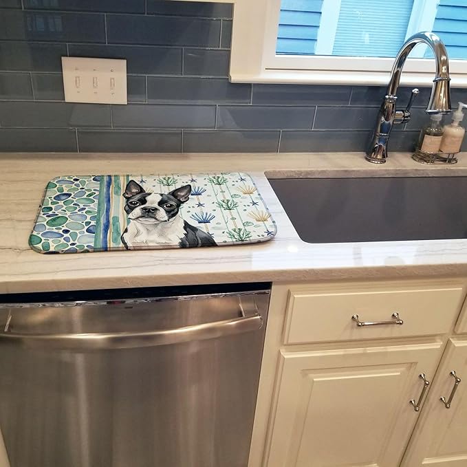 Caroline's Treasures Boston Terrier Coastal Sea Glass Dish Drying Mat Absorbent Dish Drying Mat Pad for Kitchen Counter Dish Drainer Mat for Countertop 14 x 21 Multicolor