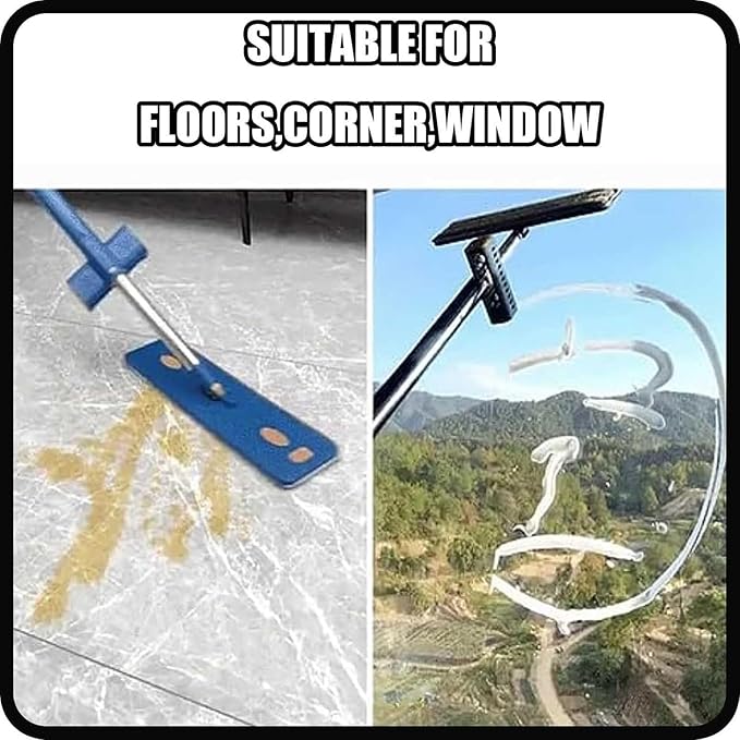 Large Flat Mop - Magic Mop 360° Wall Cleaning with Long Handle Stainless Steel Long Handle with 2/4 Microfiber Pads for Floors Corner Window 12027(Blue Mop+2 Rag)
