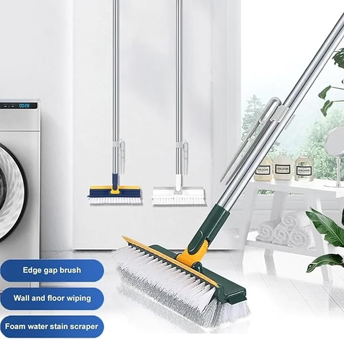 3 in 1 Adjustable Scrub Brush Floor Scrub Brush with Long Handle Floor Scrubber with Squeegee and Tweezer Push Broom with Long HandleHeavy-Duty Stiff 90° Bristle Broom (Blue)