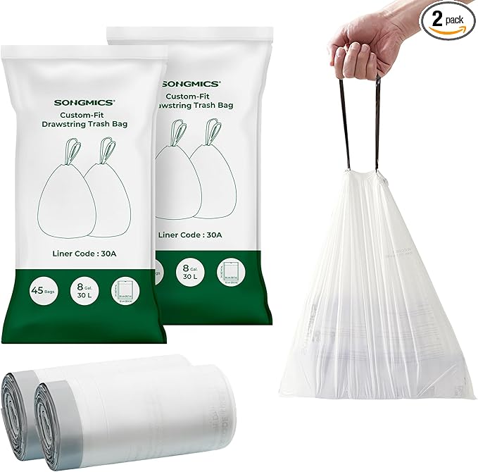 SONGMICS Trash Bags for 8-Gallon (30 L) Trash Cans Drawstring Kitchen Garbage Bags Pre-Separated Liner Code 30A 2 Rolls 90 Count White UKRB30A02