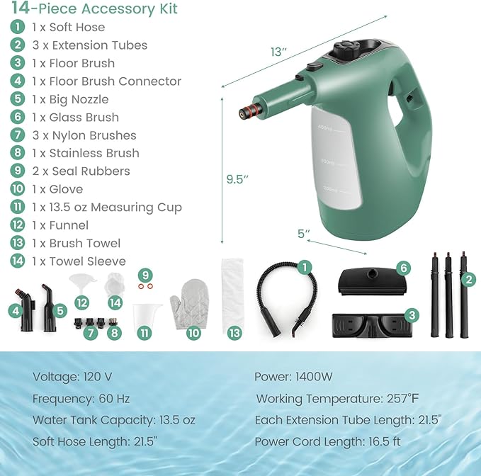 Goplus Multipurpose Handheld Steam Cleaner Pressurized Steam Cleaner w/ 17 Pieces Accessory Set 350ml Portable All Natural Chemical-Free Steamer for Home Sofa Upholstery Floor Window Kitchen (Green)