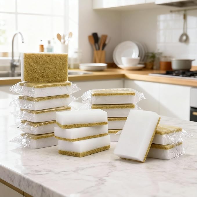 Tioncy 100 Pcs Individually Wrapped Sponges Kitchen Bulk Brown Dish Non Scratch Scrub Sponges Dual Sided Cleaning Dish Scrubber for Washing Dishes Pots Pans Sinks Stoves Appliances Car Bike
