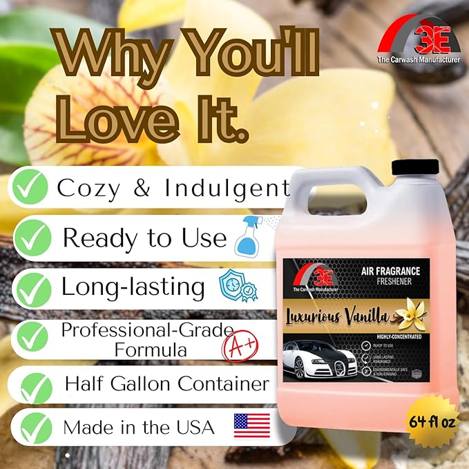 3E Car Air Freshener Concentrate – 64 oz – Professional Automotive Fragrance – Multiple Scents (Vanilla)