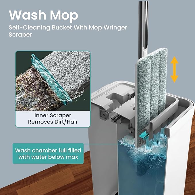 VIMALIFE Mop and Bucket Set with Wringer Self Cleaning Flat Mop and Bucket System 2 Parts Bucket Wash &amp Dry System 360° Rotating 3 Microfiber Pads Included Ideal for Homes Floor &amp Wall Ce
