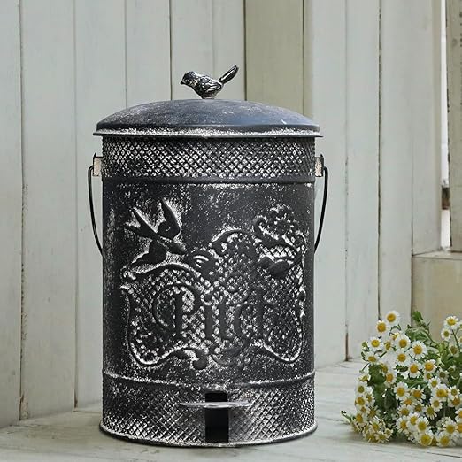 Farmhouse Garbage Can with Lid Indoor Outdoor Trash Can with Embossed Bird and Flowers PatternMetal Retro Kitchen Trash Can with Lid for Kitchen Room and Garden Decor (Black)