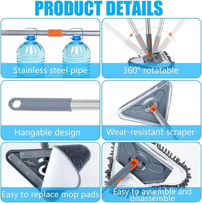 14Pcs Cleaner Mop with Long Hand 360° Rotatable Ceiling Dust Mop Dry Wet Use Triangle Mop Household Cleaning Tools