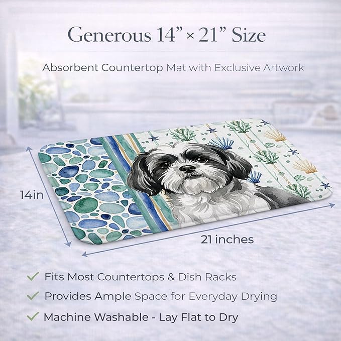 Caroline's Treasures Black and White Shih Tzu Coastal Sea Glass Dish Drying Mat Absorbent Dish Drying Mat Pad for Kitchen Counter Dish Drainer Mat for Countertop 14 x 21 Multicolor