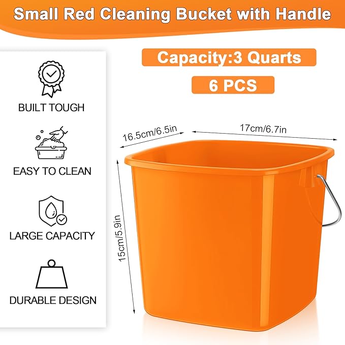 Zhehao 6 Pcs 3 Quart Bucket for Cleaning Small Sanitizer Bucket for Restaurant Square Plastic Pail with Handles for Home Offices Commercial Use Food Service(Orange)