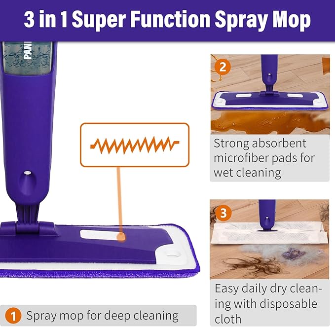 Mops for Floor Cleaning Wet and Dry Spray Mop with Refillable Spray Bottle and 3 Washable Microfiber Pads Home or Commercial Use Flat Mop for Hardwood Laminate Wood Ceramic Purple